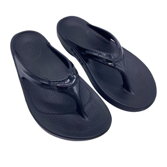 Oofos Oolala Luxe Sandals Women 8 Recovery Comfort Thong Black Flip Flop Slip On - Picture 1 of 10
